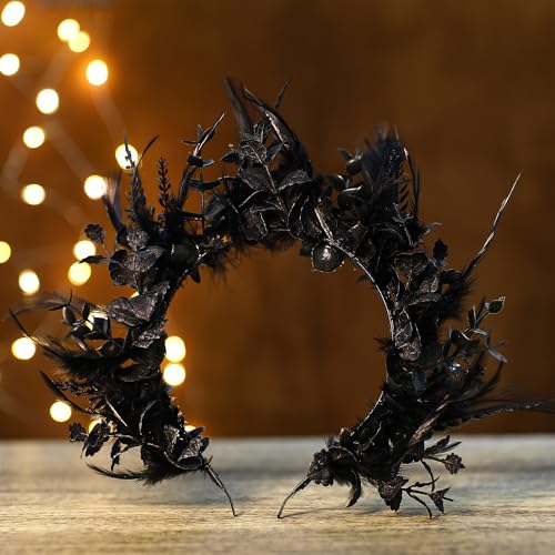 MOSTORY Black Flower Halo Crown - Handmade Gothic Floral Headband with Feather for Women Witch Goth Wedding, Dark Halo Headband for Renaissance Cosplay Photo Shoot - Image 4
