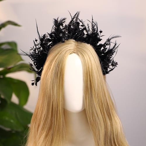 MOSTORY Black Flower Halo Crown - Handmade Gothic Floral Headband with Feather for Women Witch Goth Wedding, Dark Halo Headband for Renaissance Cosplay Photo Shoot - Image 2