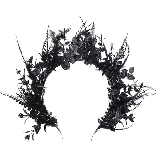 MOSTORY Black Flower Halo Crown - Handmade Gothic Floral Headband with Feather for Women Witch Goth Wedding, Dark Halo Headband for Renaissance Cosplay Photo Shoot - Image 1