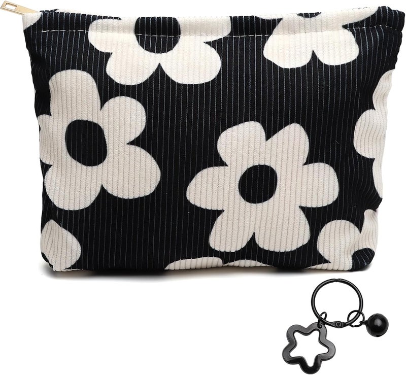 Womens Makeup Bag Black Corduroy Cosmetic Bag with Floral Pattern Multifunctional Cosmetic Bags Make up Bag with Zipper Suitable for Cosmetics Toiletries