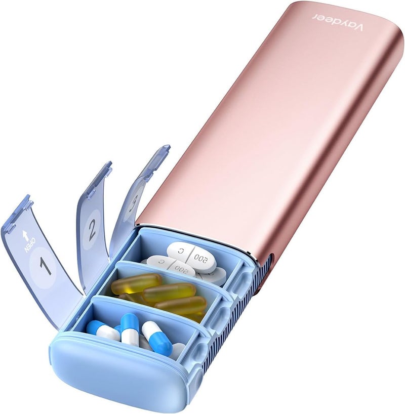 Vaydeer Metal Travel Pill Organizer, 7 Day Weekly Pill Box, Large Capacity Daily Cute Pill Case for Supplements, Pills, Vitamins and Medication (Small, Rose Gold)