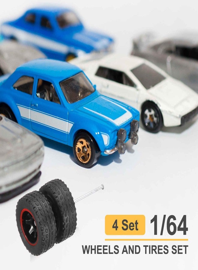 MECCANIXITY 4 Set 1/64 Wheels and Tires Set, Off-road Vehicles Real Riders Rims Includes Axles for RC Diecast Car DIY Model, Red Line Black Rims - Image 3