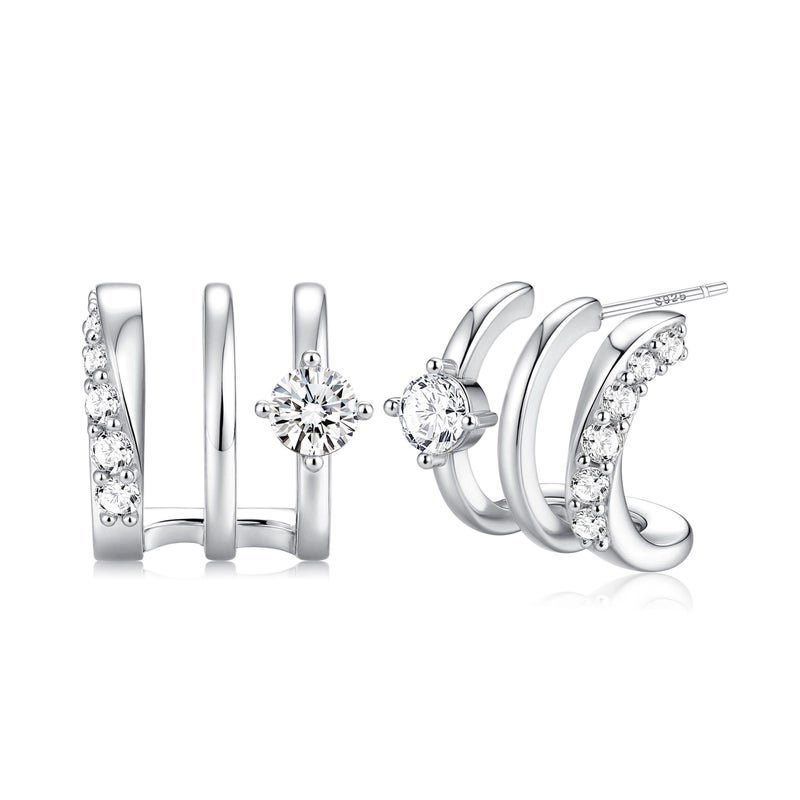 MILACOLATO S925 Sterling Silver Earrings Hypoallergenic 14K Gold Plated Triple Hoop Huggie Illusion Stud Earrings for Women Trendy Multi Hoops Claw Earrings for One Hole Lightweight Jewelry Gift SR - Image 1