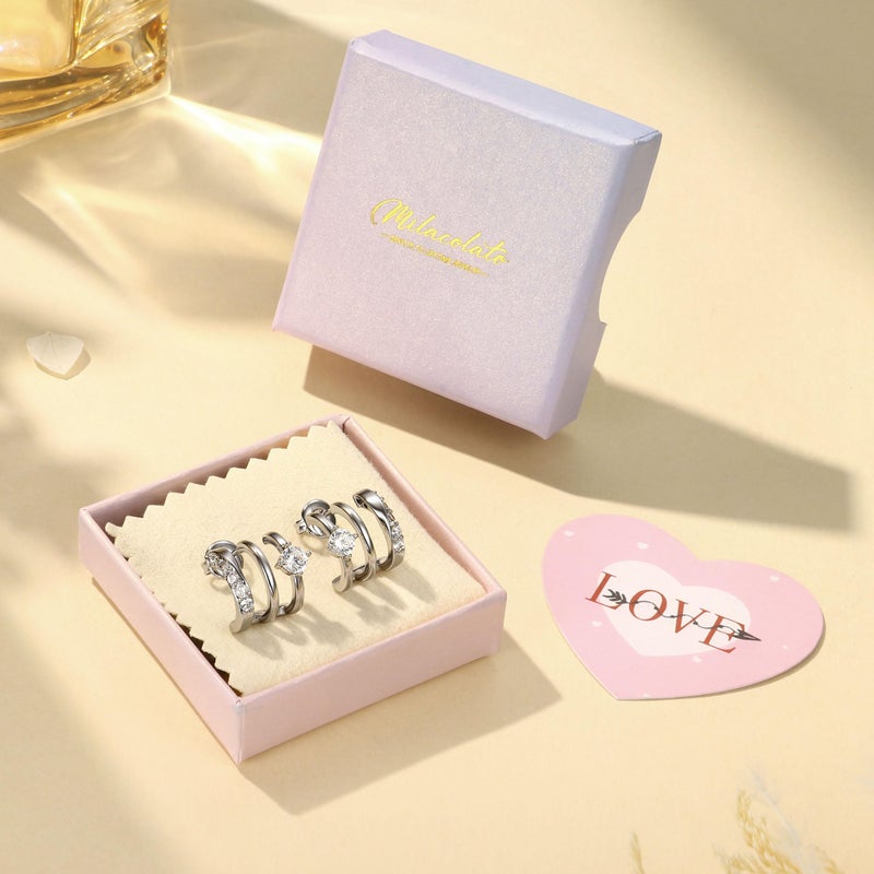 MILACOLATO S925 Sterling Silver Earrings Hypoallergenic 14K Gold Plated Triple Hoop Huggie Illusion Stud Earrings for Women Trendy Multi Hoops Claw Earrings for One Hole Lightweight Jewelry Gift SR - Image 5