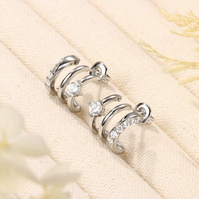 MILACOLATO S925 Sterling Silver Earrings Hypoallergenic 14K Gold Plated Triple Hoop Huggie Illusion Stud Earrings for Women Trendy Multi Hoops Claw Earrings for One Hole Lightweight Jewelry Gift SR - Image 4