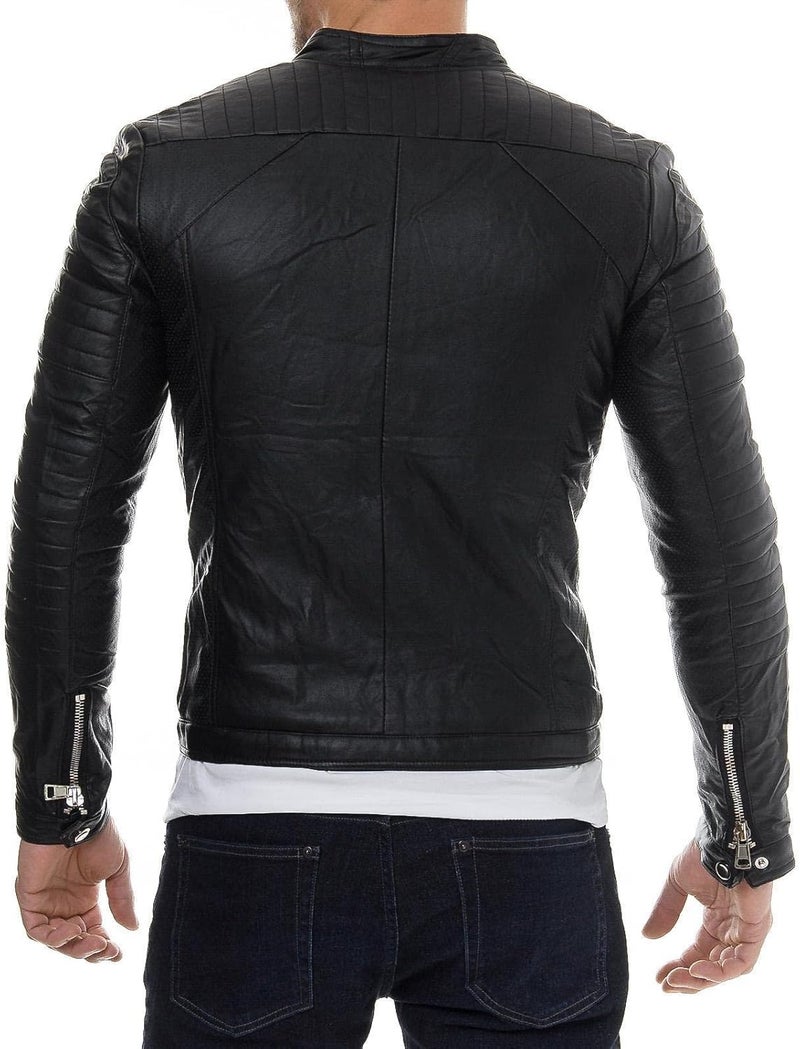 DECIMAL Men's Black Real Lambskin Leather Biker Jacket - Vintage Genuine Motorcycle Jacket - Image 2