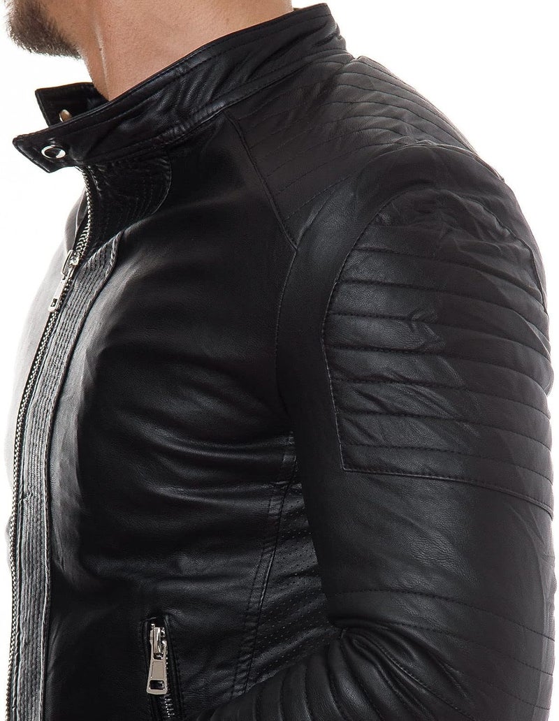 DECIMAL Men's Black Real Lambskin Leather Biker Jacket - Vintage Genuine Motorcycle Jacket - Image 3