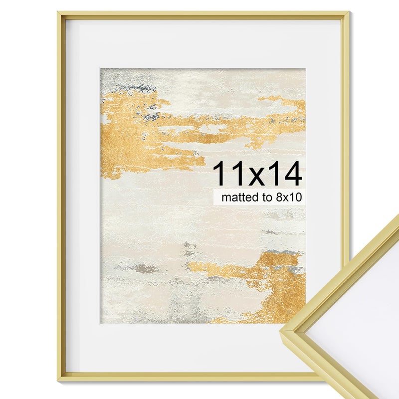 FLYJOE 11x14 Metal Picture Frame  11 x 14 Aluminum Photo Frames with 8x10 Removable Mat  High Definition Plexiglass  Vertical and Horizontal Display  Wall Hook Hanging Hardware Included  Gold  1 Pack - Image 1