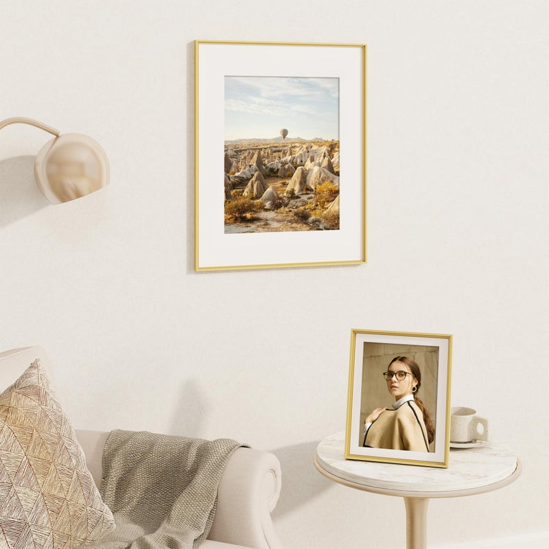 FLYJOE 11x14 Metal Picture Frame  11 x 14 Aluminum Photo Frames with 8x10 Removable Mat  High Definition Plexiglass  Vertical and Horizontal Display  Wall Hook Hanging Hardware Included  Gold  1 Pack - Image 3