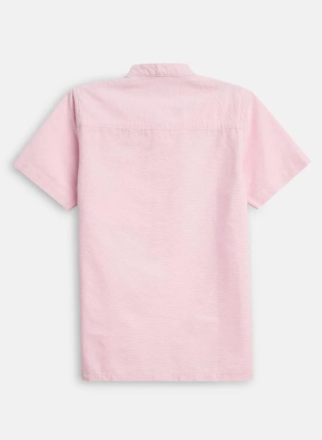 Bonkids Boy's shirts in regular fit pink colour cotton fabric embellished pattern pull over closure woven weave type round collar type round neckline half sleeve length button down upper body wear type suitable for casual occasions – because standout style starts young!
