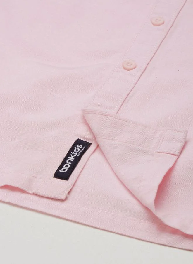 Bonkids Boy's shirts in regular fit pink colour cotton fabric embellished pattern pull over closure woven weave type round collar type round neckline half sleeve length button down upper body wear type suitable for casual occasions – because standout style starts young!
