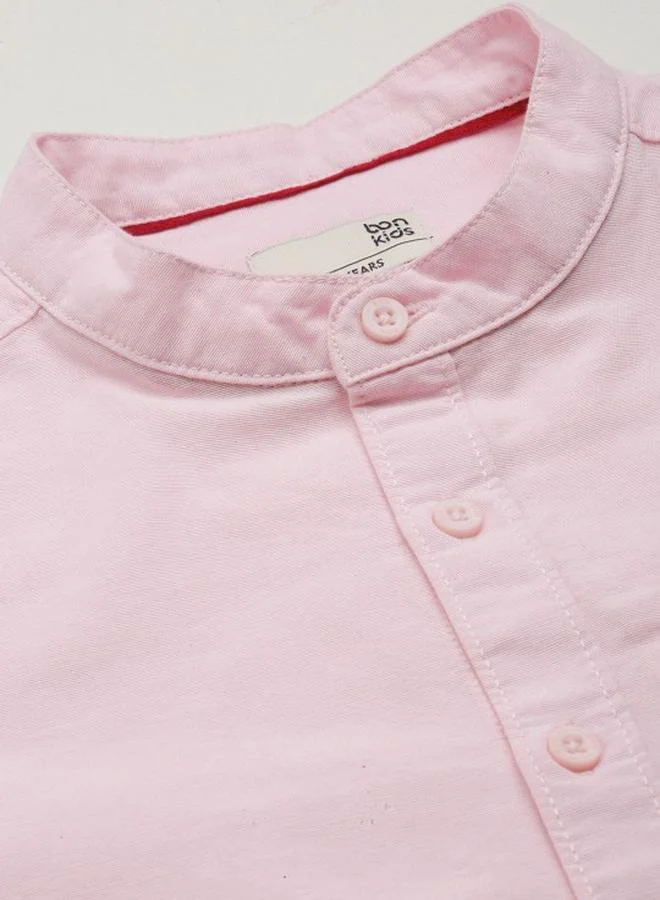 Bonkids Boy's shirts in regular fit pink colour cotton fabric embellished pattern pull over closure woven weave type round collar type round neckline half sleeve length button down upper body wear type suitable for casual occasions – because standout style starts young!
