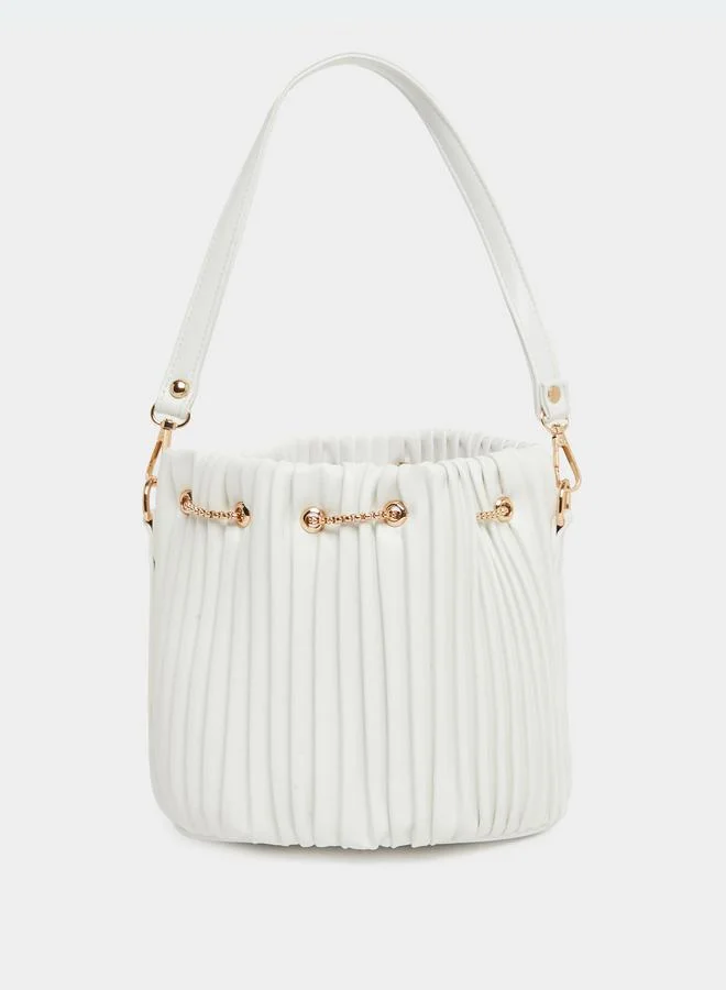 Styli White Pleated Bucket Crossbody Bag