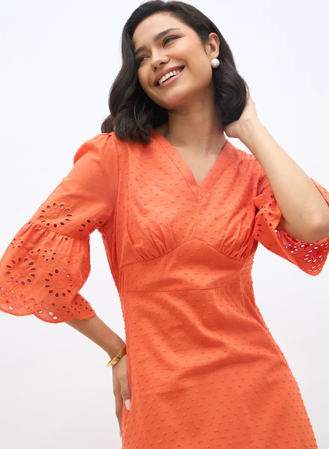 Styli Styli Schiffli A-Line Maxi Dress with 3/4th Sleeves