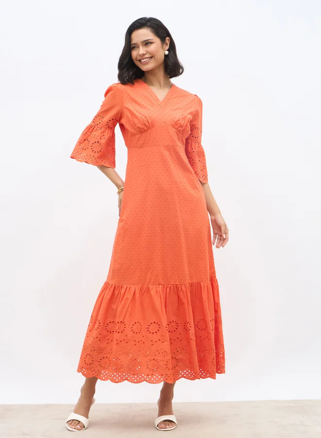 Styli Styli Schiffli A-Line Maxi Dress with 3/4th Sleeves