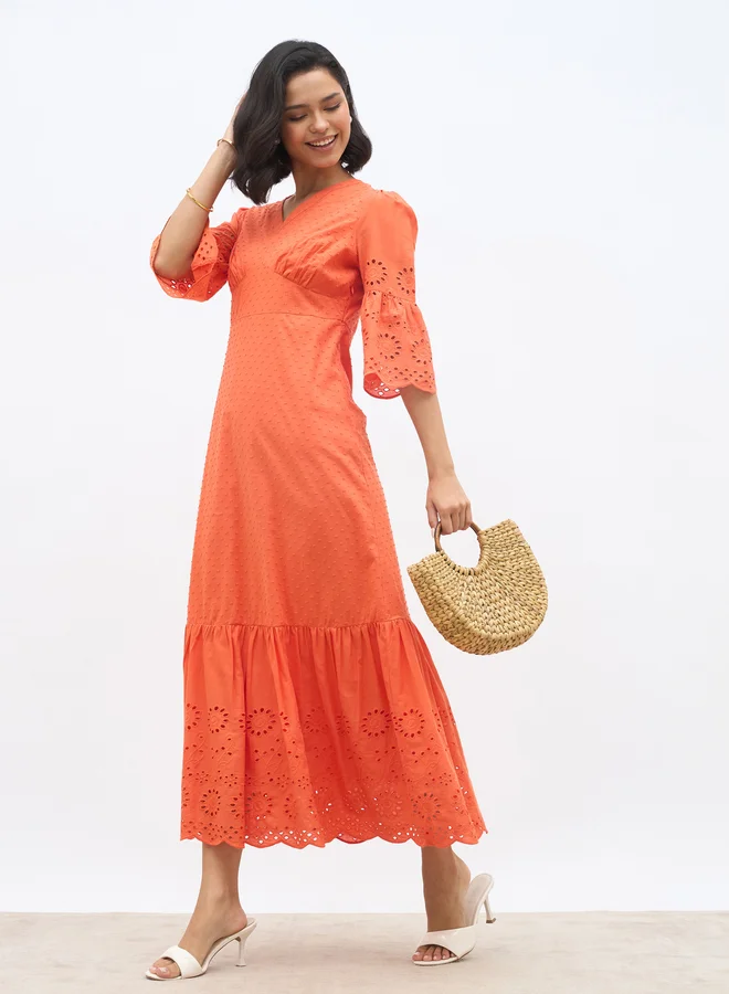 Styli Styli Schiffli A-Line Maxi Dress with 3/4th Sleeves