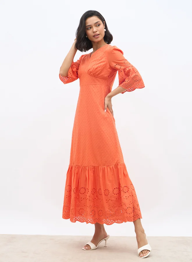 Styli Styli Schiffli A-Line Maxi Dress with 3/4th Sleeves