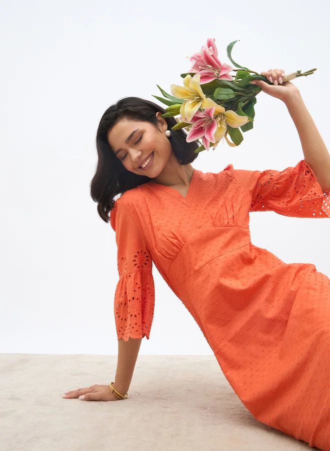 Styli Styli Schiffli A-Line Maxi Dress with 3/4th Sleeves