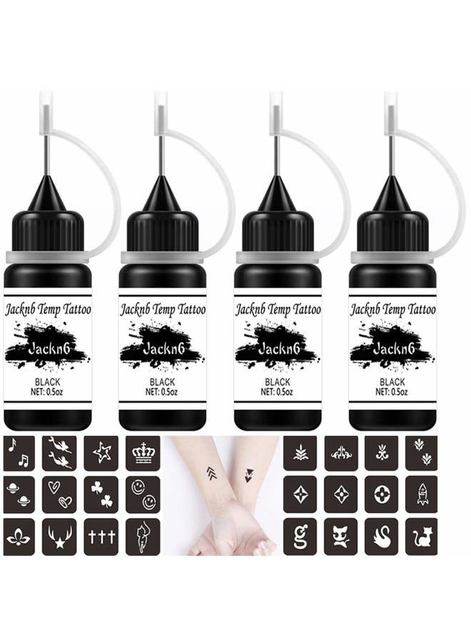 Jacknb Temporary Tattoo Kit, Semi Permanent Tattoo Jagua Gel Freehand Ink 4 Bottles 2oz DIY Tattoos Fake Freckles Temp Tattoos for Women Kids Men Body Art Markers 40 Pcs Free Tattoos Stencils - Image 1