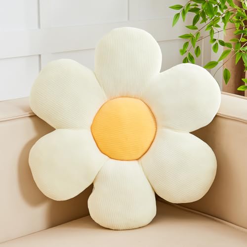 Kcvvcr White Yellow Flower Pillow, 14.9" Cute Flower Shaped Floor Pillow, Aesthetic Floral Plush Daisy Decorative Throw Pillows for Bed Sofa Couch - Image 1