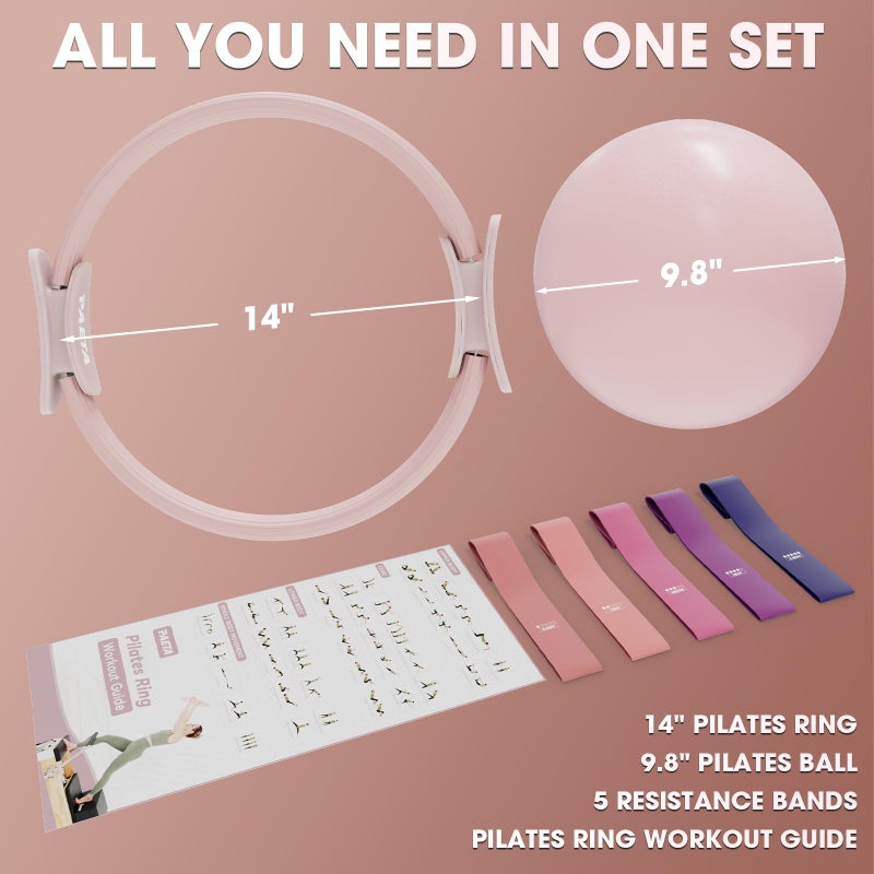 PAETA Pilates Ring Set â€“ 14â€ Magic Circle (38 lbs Resistance), 9.8â€ Pilates Ball, 5 Resistance Bands, and Exercise Guide Included for Home Workouts(Pink) - Image 4