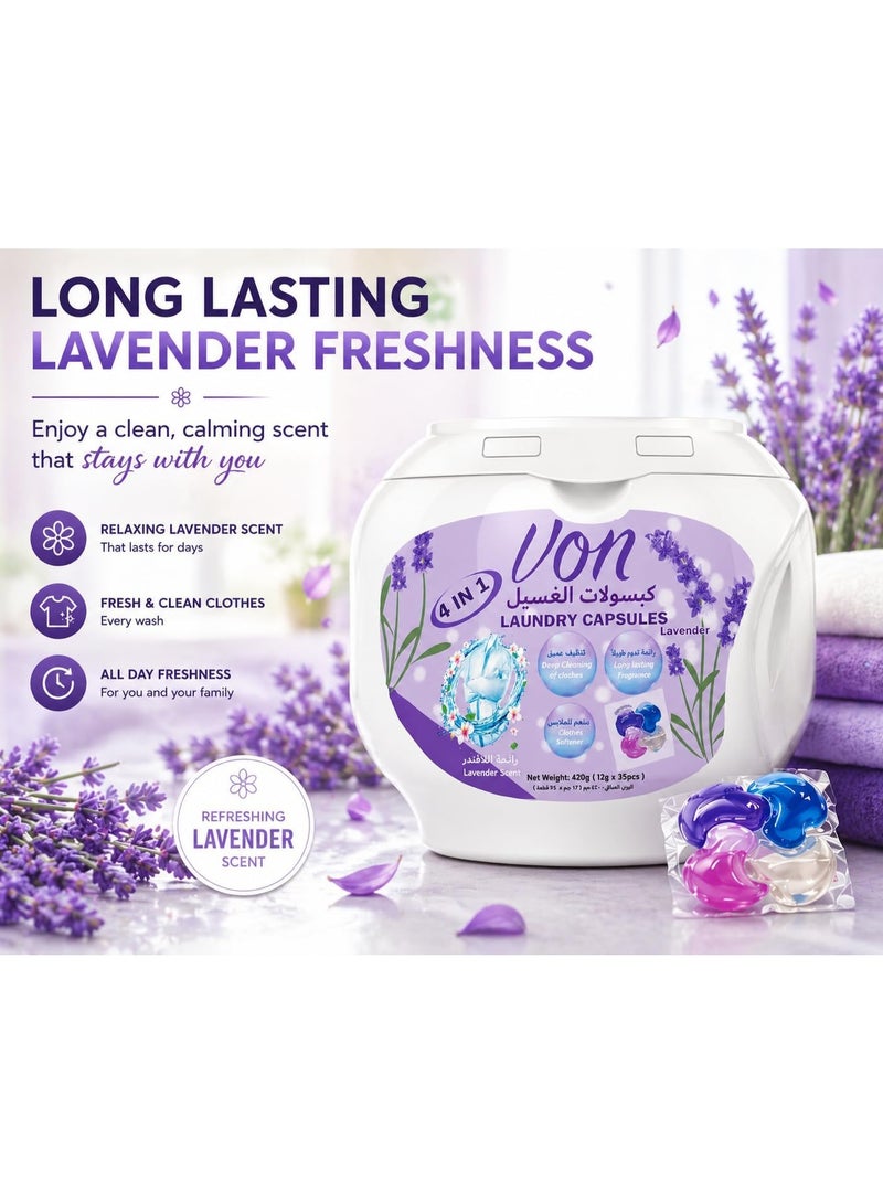 VON 4 in 1 Laundry Detergent Pods Lavender Freshness 35 Count Pack of 4 (140 Pods Total) Deep Clean Stain Removal Softener Color Protection - Image 2