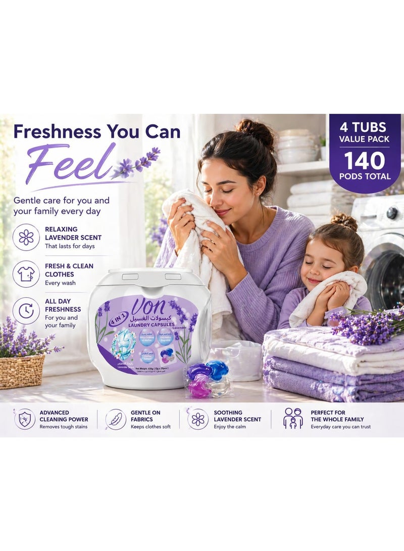 VON 4 in 1 Laundry Detergent Pods Lavender Freshness 35 Count Pack of 4 (140 Pods Total) Deep Clean Stain Removal Softener Color Protection - Image 5