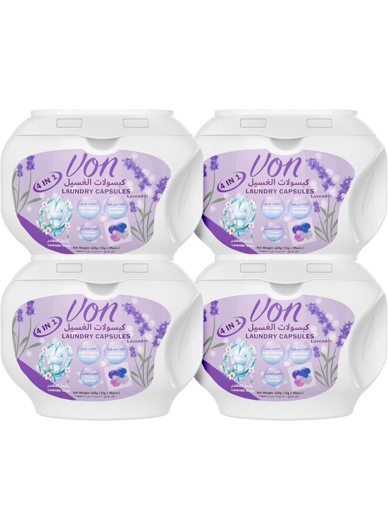VON 4 in 1 Laundry Detergent Pods Lavender Freshness 35 Count Pack of 4 (140 Pods Total) Deep Clean Stain Removal Softener Color Protection - Image 1