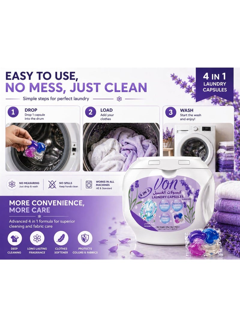 VON 4 in 1 Laundry Detergent Pods Lavender Freshness 35 Count Pack of 4 (140 Pods Total) Deep Clean Stain Removal Softener Color Protection - Image 4