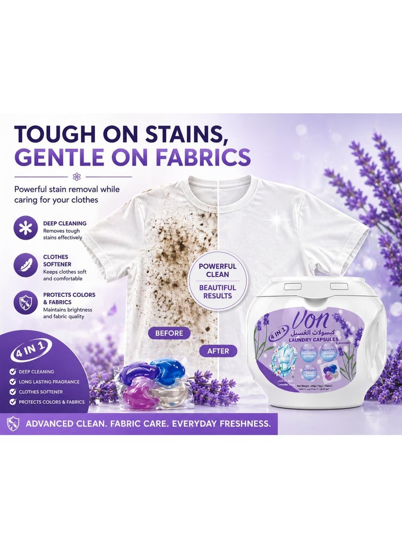 VON 4 in 1 Laundry Detergent Pods Lavender Freshness 35 Count Pack of 4 (140 Pods Total) Deep Clean Stain Removal Softener Color Protection - Image 3