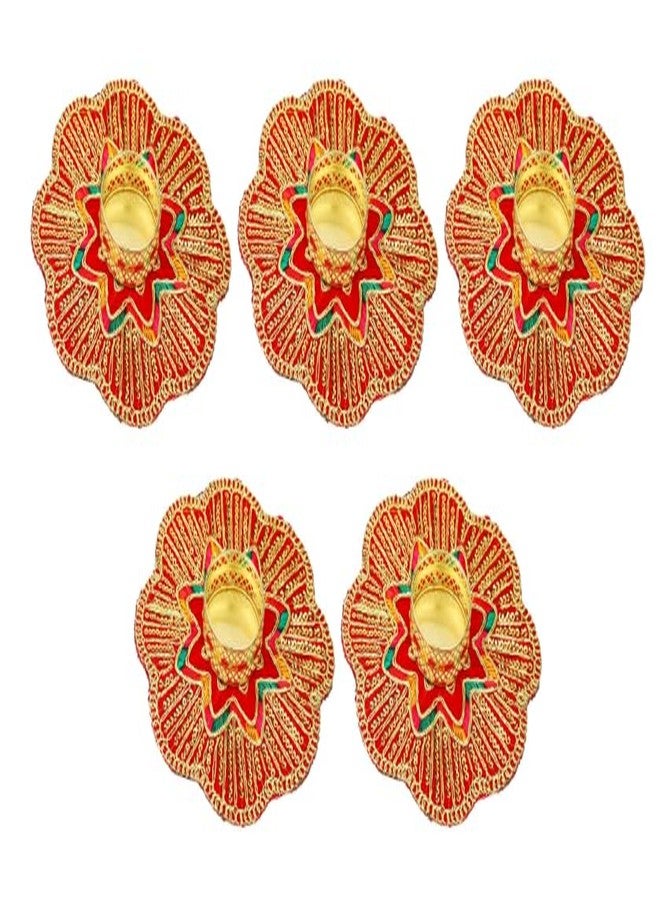 Aditri Creation Set of 5 Mat Aasan Rangoli with Tea Light Candle Holder T-Light Stand for Home Made up of Velvet Cloth Golden Embroideries for Festival New Year Gifts Home Decor (Size:-5")(Red) - Image 1