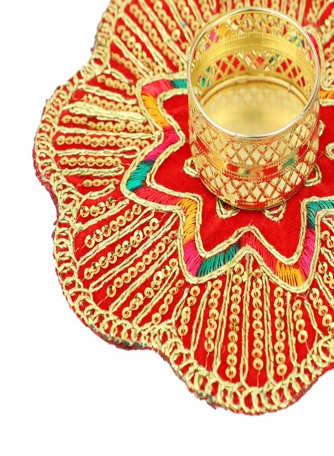 Aditri Creation Set of 5 Mat Aasan Rangoli with Tea Light Candle Holder T-Light Stand for Home Made up of Velvet Cloth Golden Embroideries for Festival New Year Gifts Home Decor (Size:-5")(Red) - Image 2