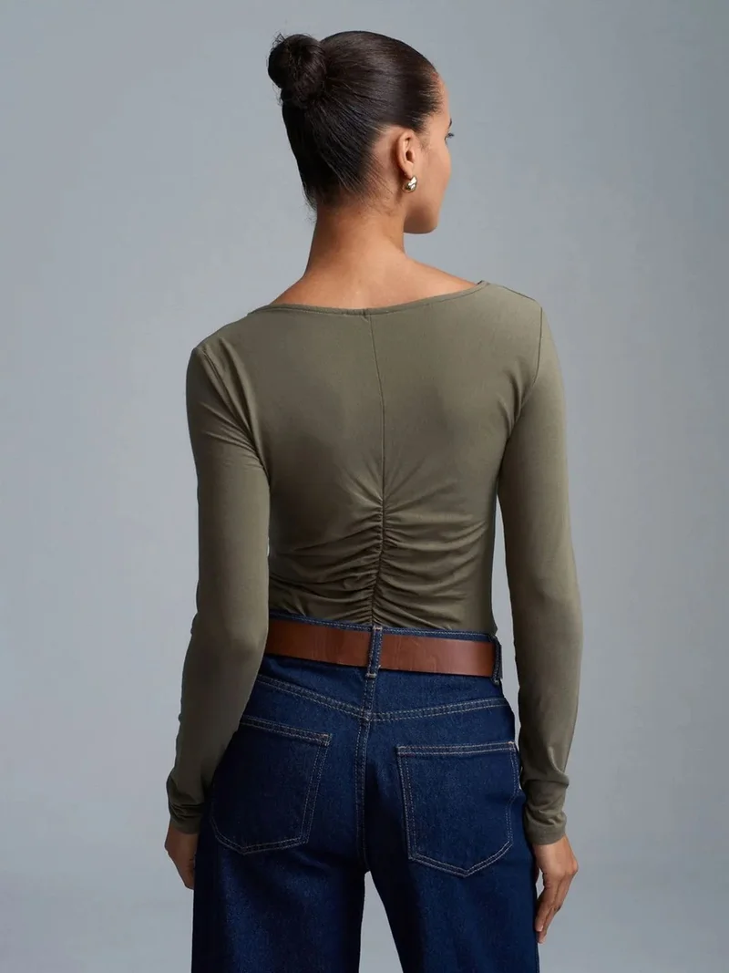 ديلفين DILVIN Slim Fit Boat Neck Long Sleeve Blouse