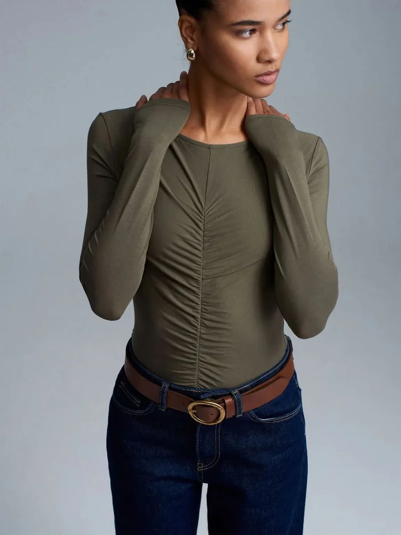 ديلفين DILVIN Slim Fit Boat Neck Long Sleeve Blouse
