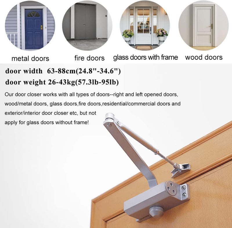 Onarway Quiet-Close Door Closer for Home: Hydraulic Automatic with Adjustable Speed for Residential Doors (57.3-95lbs) | Soft Close & Easy Install (Size 2) - Image 2