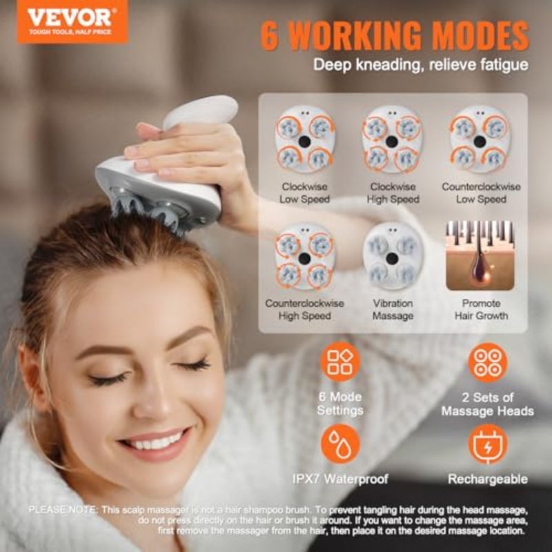 Electric Scalp Massager, Rechargeable Head Massager Hair Growth, IPX7 Waterproof Portable Kneading Scalp Scratcher with 8 Removable Massage Head for Stress Relief, Deep Clean, Gift for Mom/Dad - Image 2
