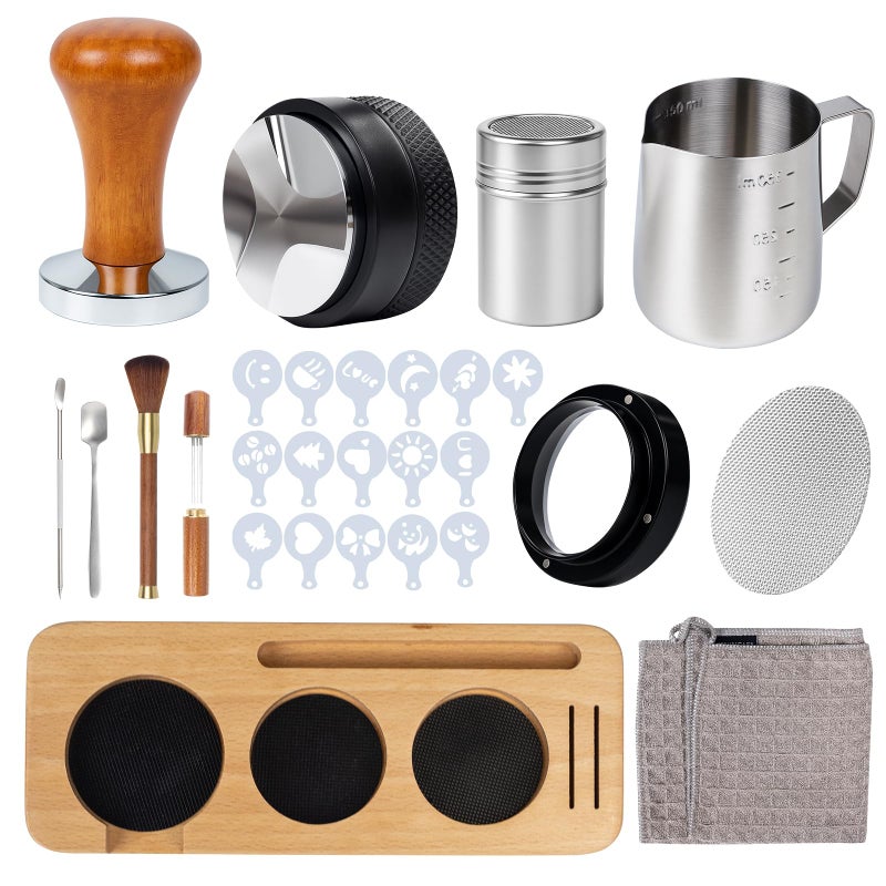 DigNew 28PCS Espresso Accessories Kit,51mm Espresso Tamper Tools,Includes Wood Station,Distributor,Stirrer,Dosing Funnel,Brush,Puck Screen,Frothing Pitcher,Latte Pen,Powder Ring,Towel,Decorative Stencils - Image 1