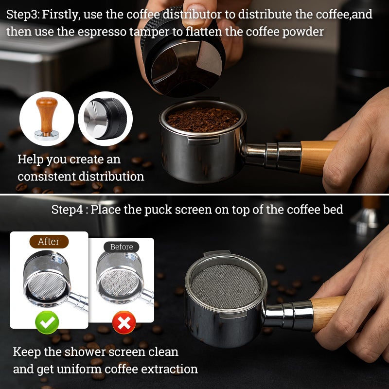 DigNew 28PCS Espresso Accessories Kit,51mm Espresso Tamper Tools,Includes Wood Station,Distributor,Stirrer,Dosing Funnel,Brush,Puck Screen,Frothing Pitcher,Latte Pen,Powder Ring,Towel,Decorative Stencils - Image 4