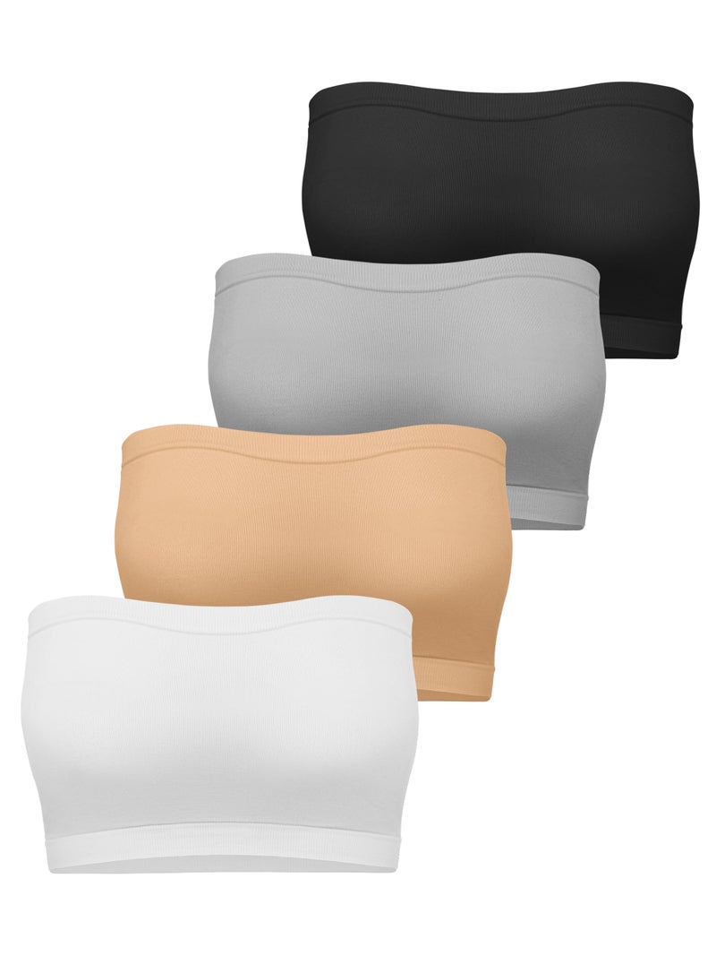 Cooraby 4 Pack Women Tube Tops Summer Non-Padded Seamless Bra, 4 Colors (Black, White, Beige, Grey) - Image 1