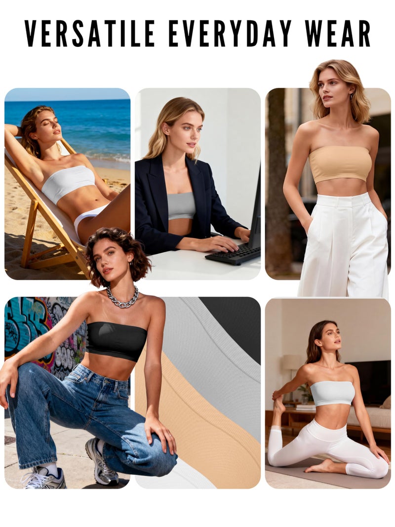 Cooraby 4 Pack Women Tube Tops Summer Non-Padded Seamless Bra, 4 Colors (Black, White, Beige, Grey) - Image 5