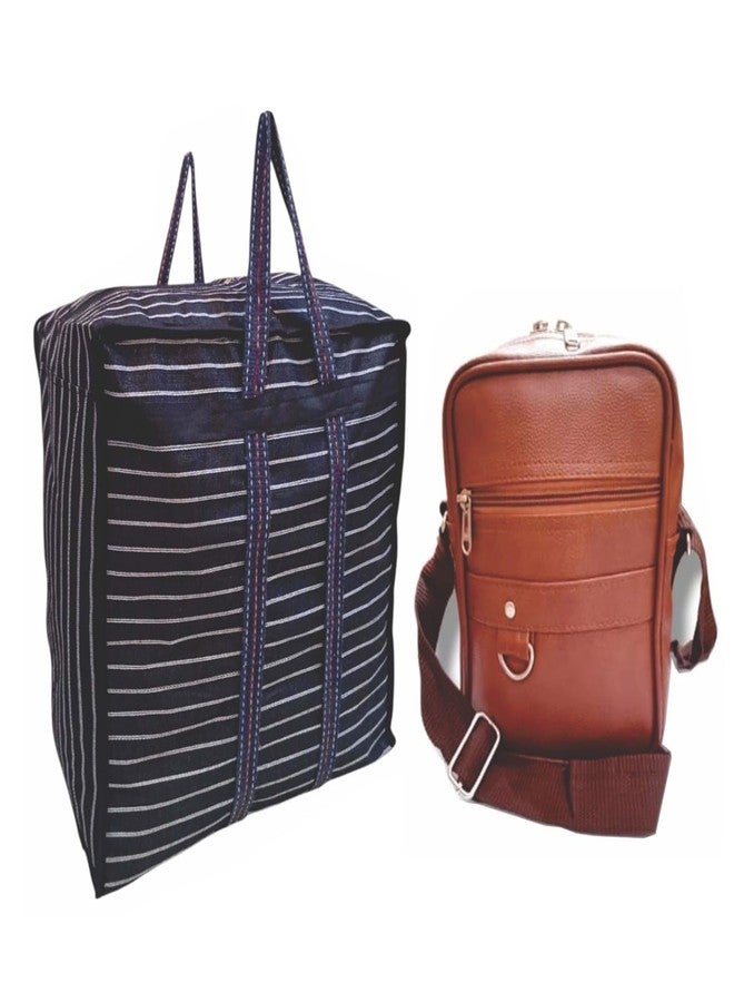 Dira Large Canvas Storage Bag with Zipper & Handles + Brown Faux Leather Sling Bag Combo | Ideal for Travel, Home Storage & Daily Use - Image 1