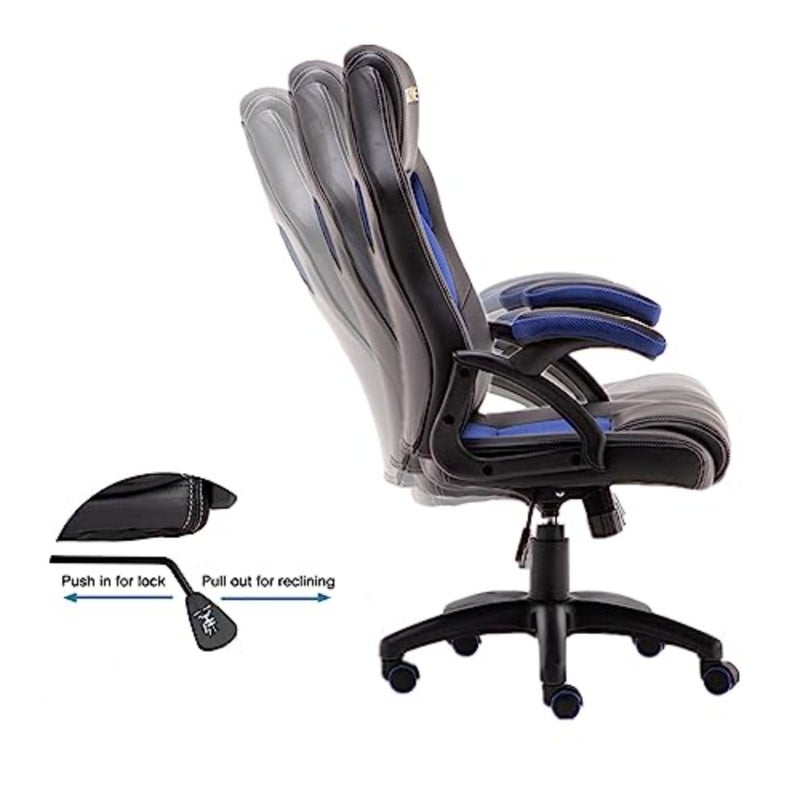 Gaming chair for home office use, premium PU leather, black and blue color scheme, ergonomic lumbar support and 135-degree reclining feature - Image 3