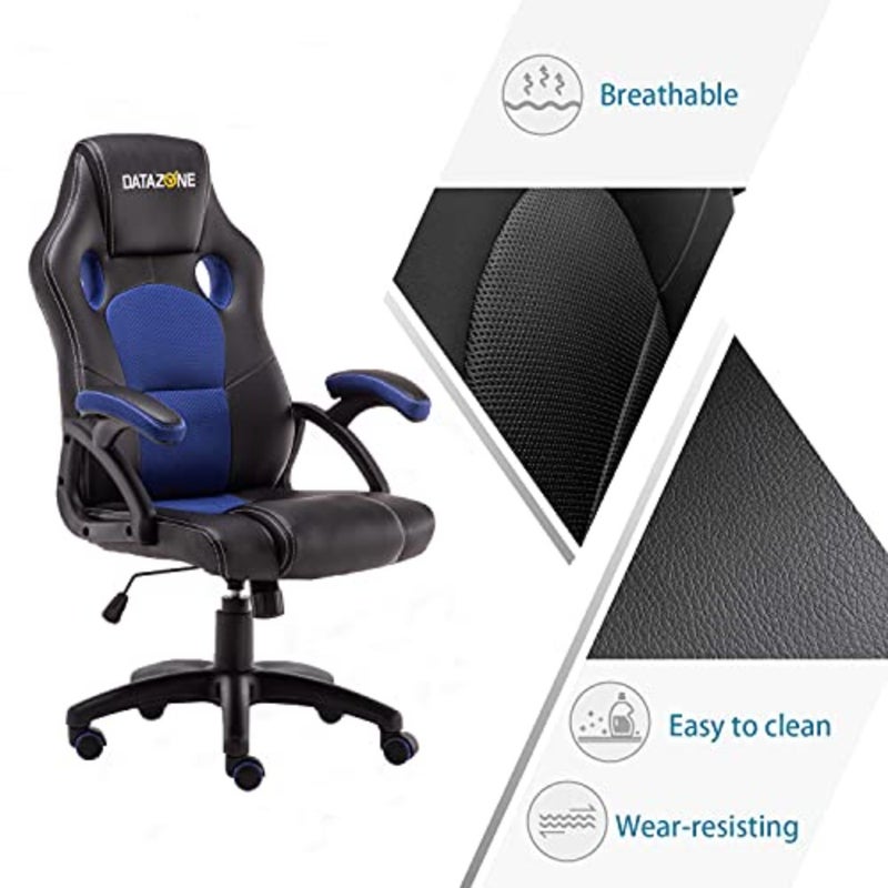 Gaming chair for home office use, premium PU leather, black and blue color scheme, ergonomic lumbar support and 135-degree reclining feature - Image 4