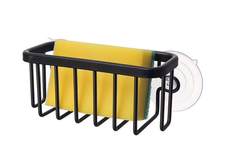 SunnyPoint NeverRust Kitchen & Bathroom Sink Caddy for Sponges, Scrubbers, Soap, 6" x 2.5" x 2.65", with Adhesive Mount - Additional Suction Cup Included â€“Aluminum (Black) - Image 1