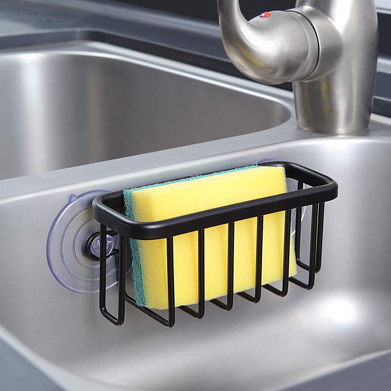 SunnyPoint NeverRust Kitchen & Bathroom Sink Caddy for Sponges, Scrubbers, Soap, 6" x 2.5" x 2.65", with Adhesive Mount - Additional Suction Cup Included â€“Aluminum (Black) - Image 2