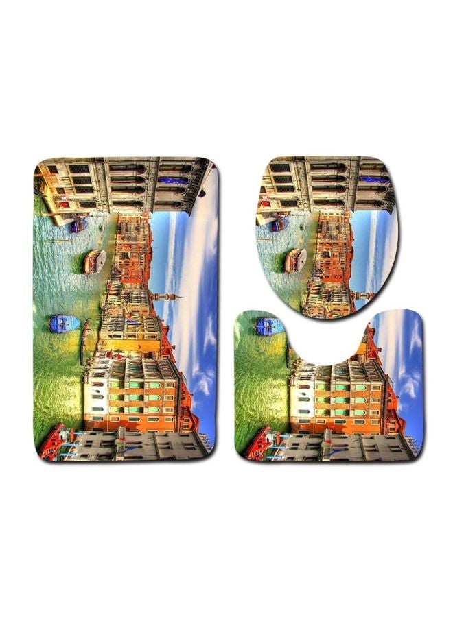 NIBEMINENT 3-Piece Places Of Interest Printed Bath Mat Set Green/Blue/Brown