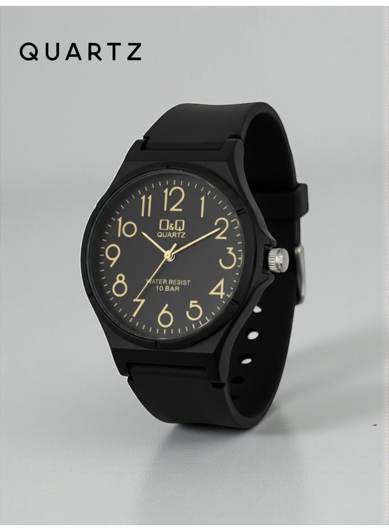 QUARTZ Men's Wrist Watch Water Resistant Up To 10 Bar With Elegant Black Design And Comfortable Silicone Strap Featuring A Luxurious Golden Dial Suitable For Daily And Formal Wear - Image 1