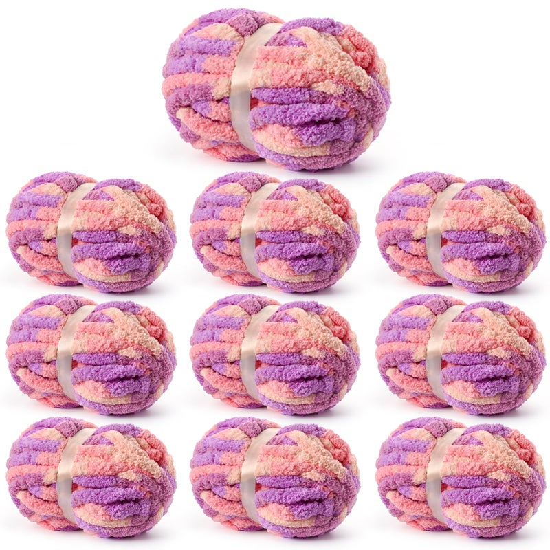 Sekafris 10 Pack Fluffy Chunky Chenille Yarn for Crocheting, Jumbo Chunky Blanket Yarn for Hand Knitting, 240yds/70.5oz Super Bulky Variegated Baby Blanket Yarn(Pinkish Purple) - Image 1