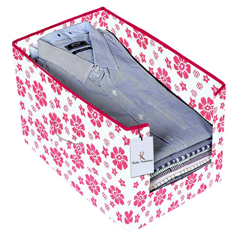 Kuber Industries Kuber Industries Flower Printed 4 Piece Non Woven Shirt Stacker Wardrobe Organizer Set Pink Royal Blue CTKTC35025  - Image 2