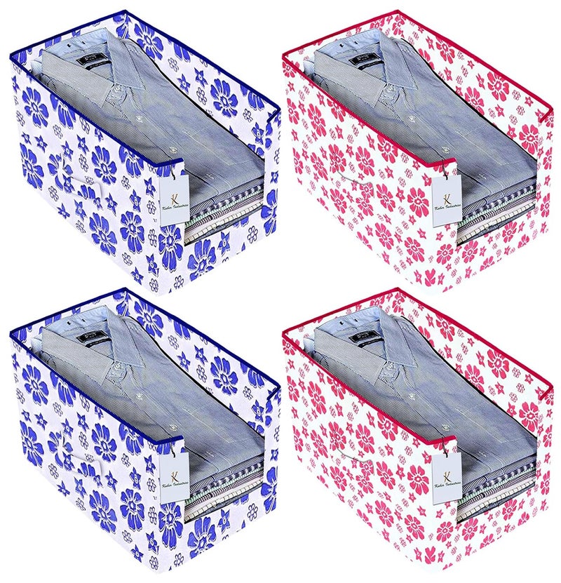 Kuber Industries Kuber Industries Flower Printed 4 Piece Non Woven Shirt Stacker Wardrobe Organizer Set Pink Royal Blue CTKTC35025  - Image 1